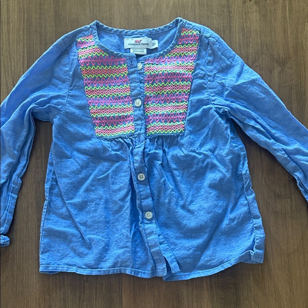Vineyard Vines Blue Shirt with Pink and Green Zigzag